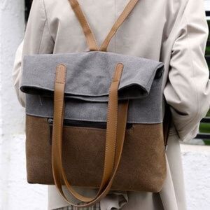 New Boho Canvas grey tan color block vegan leather mini backpack